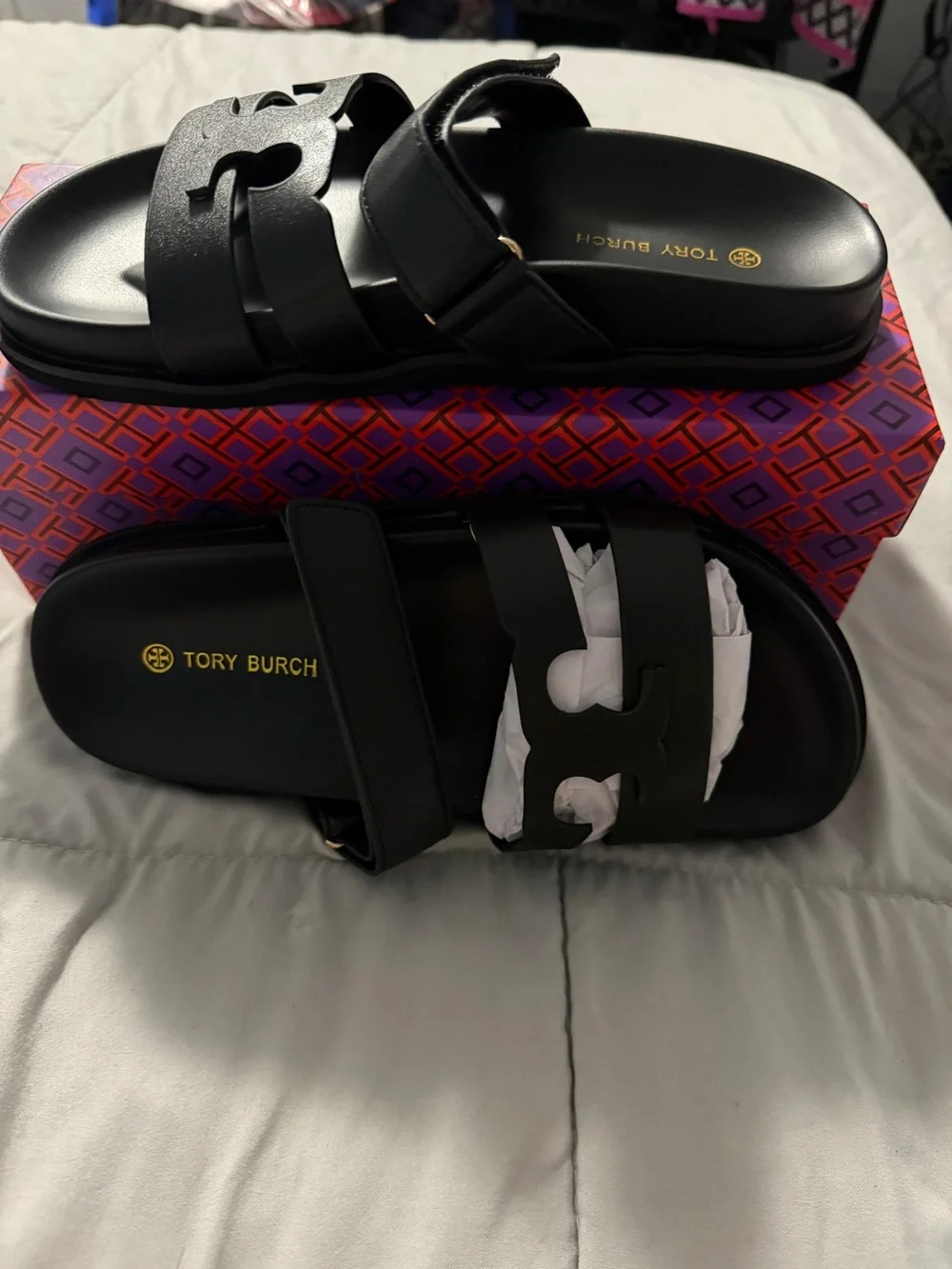 Tory Burch Black Leather INES Sport Slides